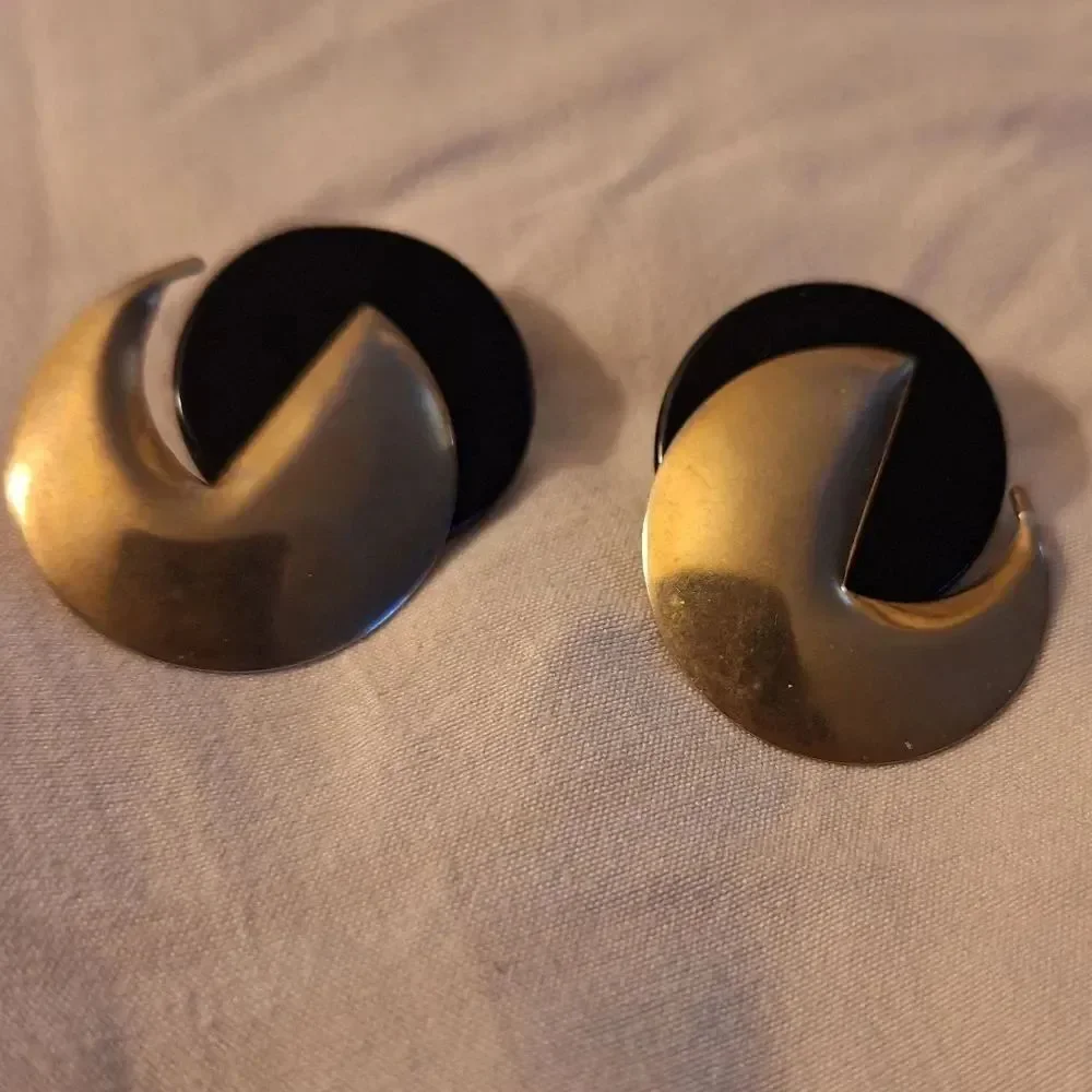 Gold Tone and Black Circular Earrings